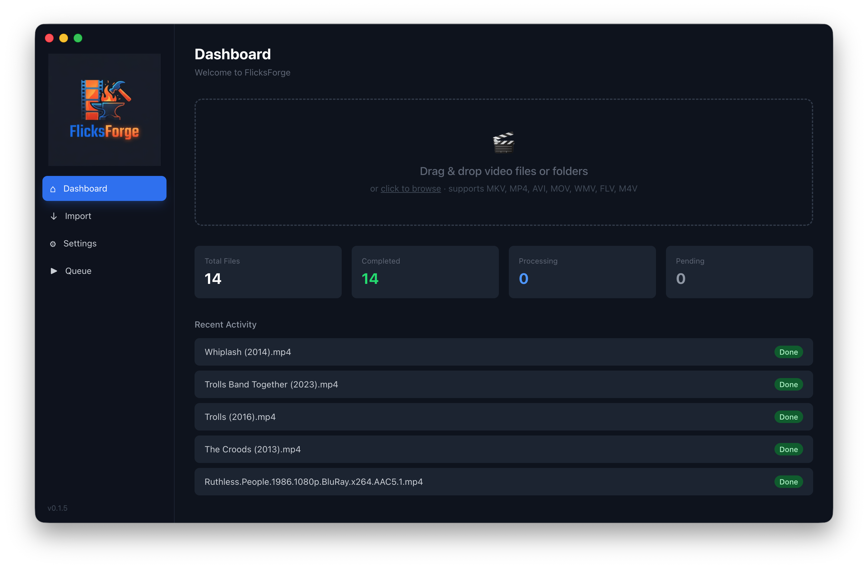 FlicksForge Dashboard with recent activity feed showing processed files
