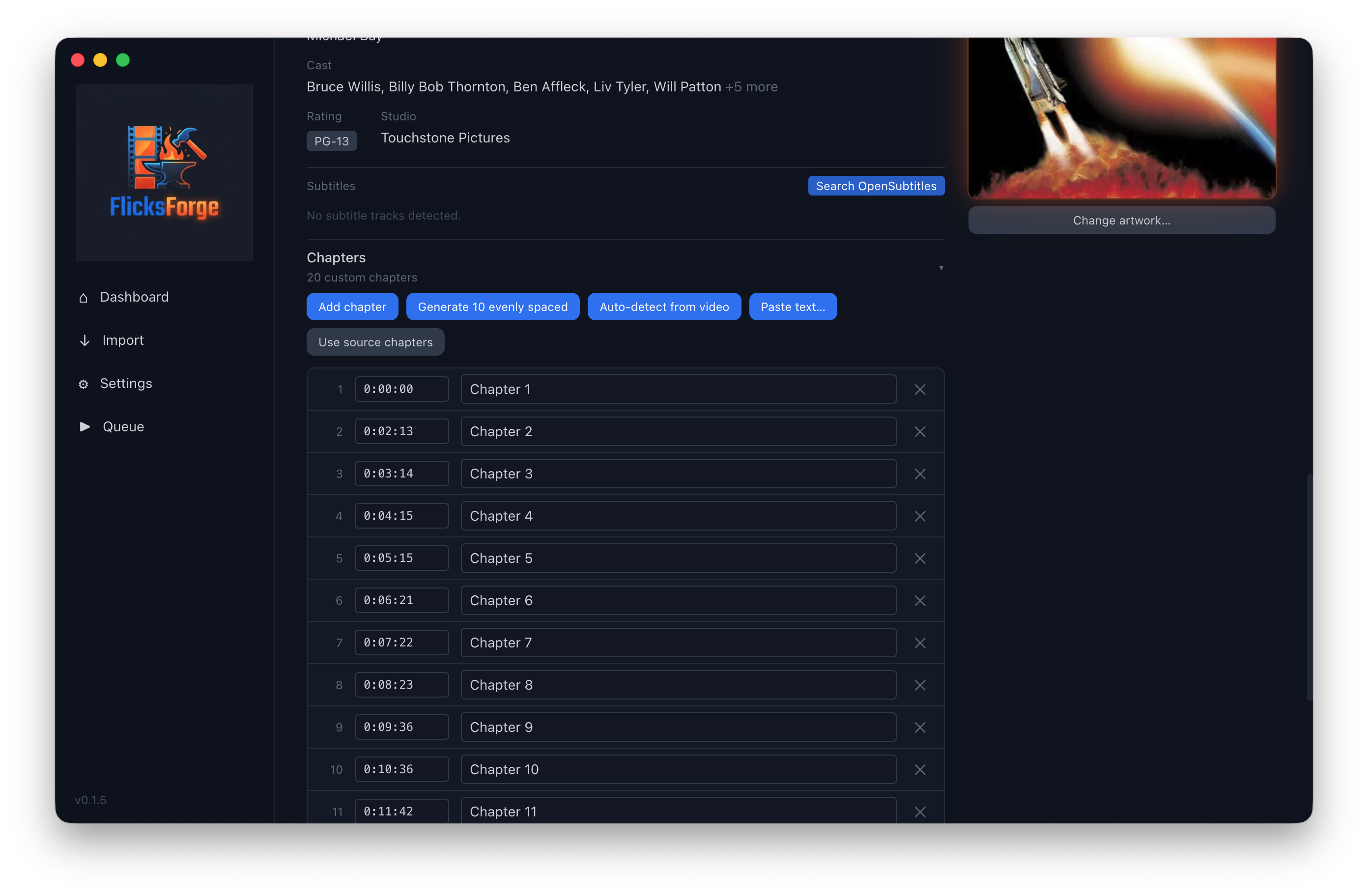 Metadata Editor showing a movie with 20 chapter markers in the chapter editor