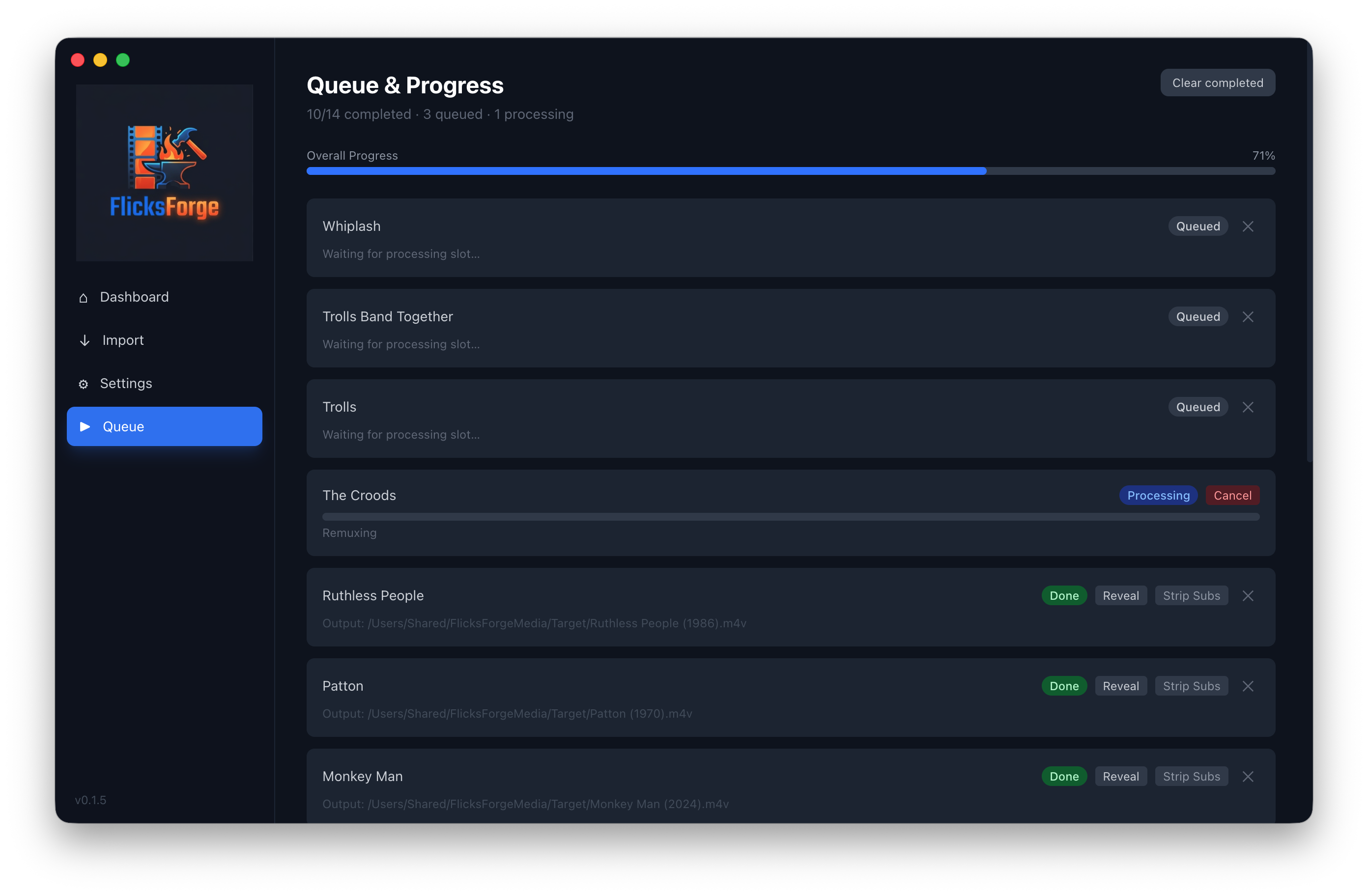Processing Queue showing files in mixed done, queued, and processing states with live progress