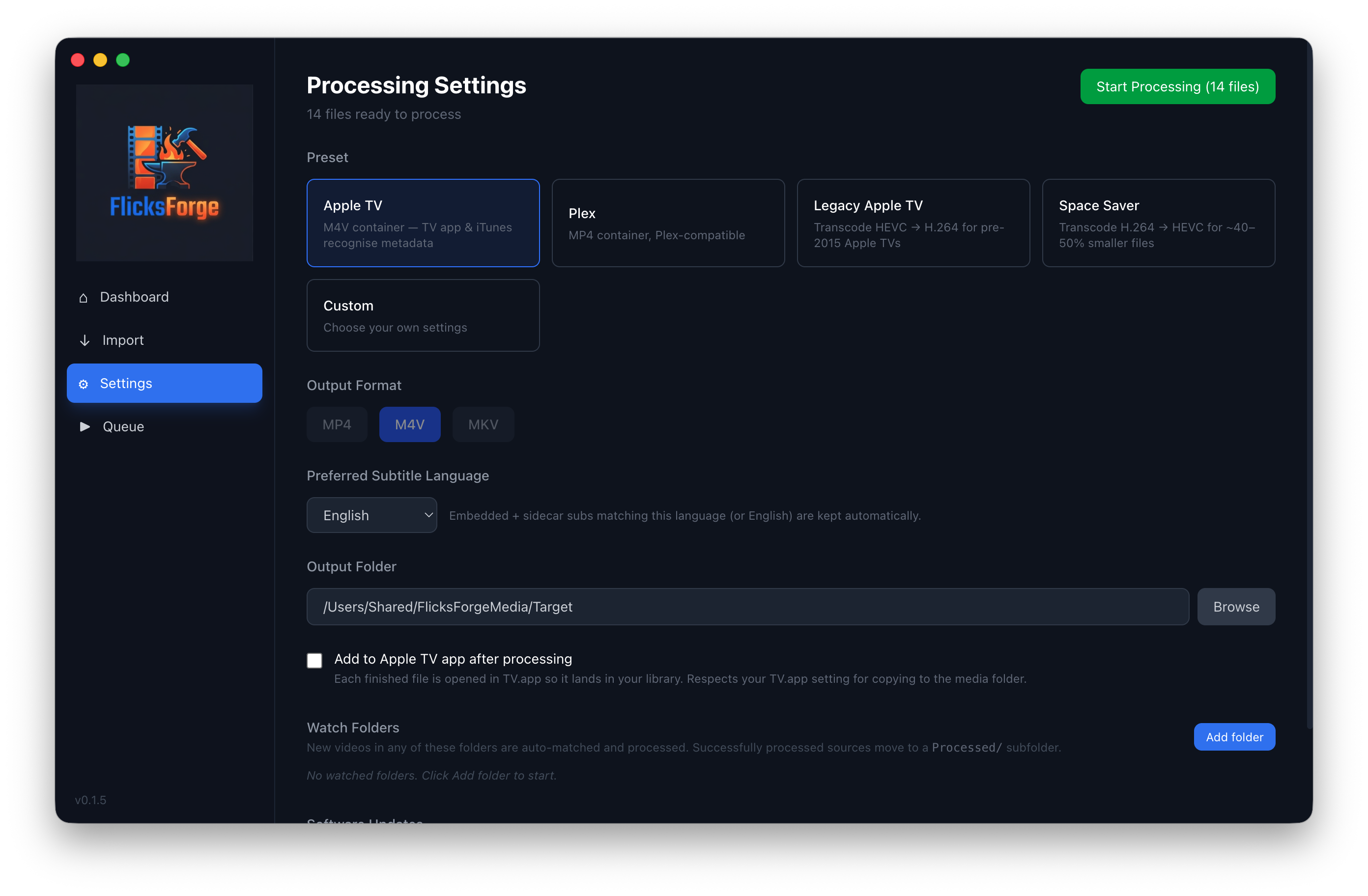 Processing Settings with Apple TV preset selected, Plex and Legacy Apple TV options visible